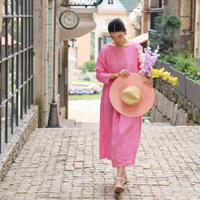 绽放407朵/多巴胺系列亚麻成衣染色圆领腰部捏褶收腰九分袖连衣裙