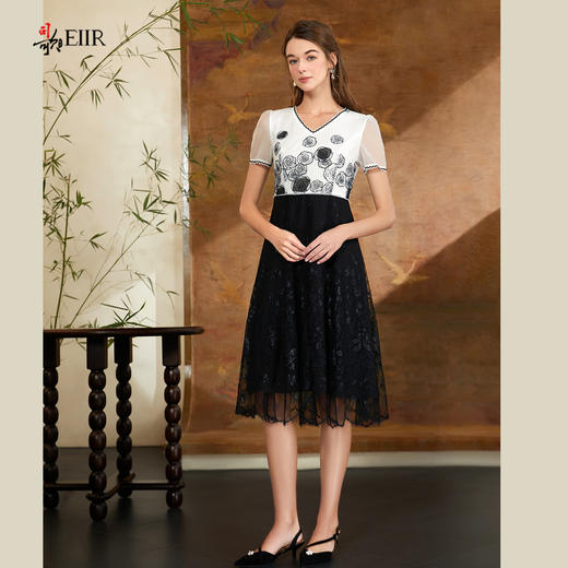 司歌拼接连衣裙绣花蕾丝黑白A911086X 商品图0