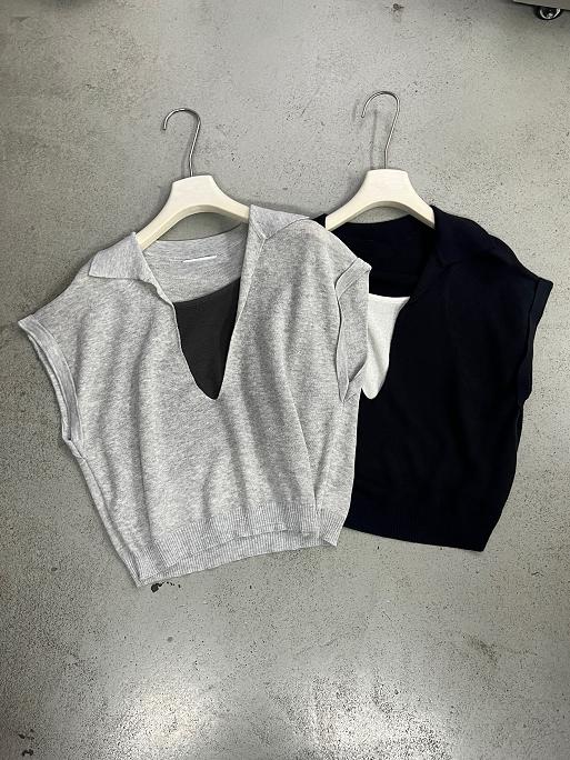 【门店同款】ENJOY夏季翻领撞色假两件针织衫 163495626 商品图0