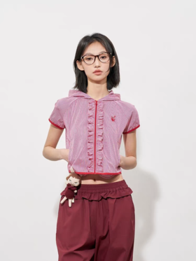 FMACM/JK2506/闷与狂FMACM格纹花边连帽短袖衬衫外套