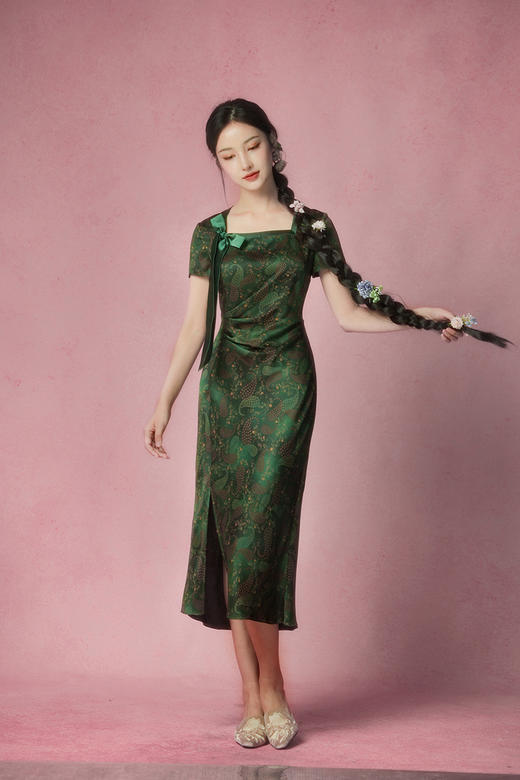 逸红颜明月优选​​「夏木·谷幽1」23姆米素绉缎香云纱，蝴蝶结小鱼尾连衣裙，复古腰果花夏日林间诗~ 商品图8