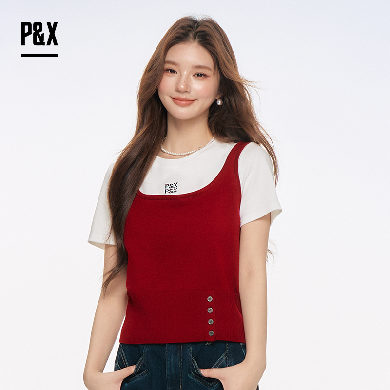 P&X设计师女装2025秋季奶茶系T恤撞色两件套上衣825315178 白/红