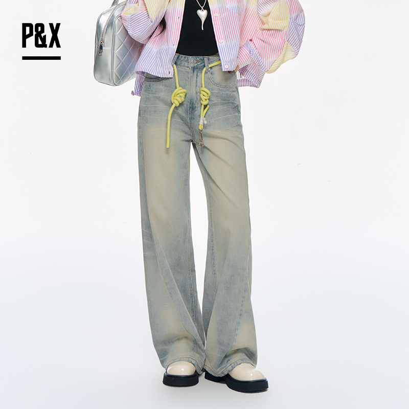 P&X设计师女装2025秋季新款阔腿宽松高街牛仔长裤 825310260 蓝色