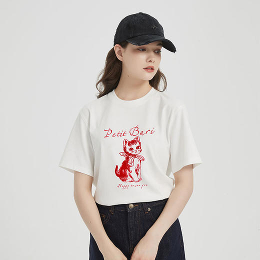 【2件9折】【Petit Bari】复古昭和猫咪印花凉感索罗娜短袖T恤 商品图0