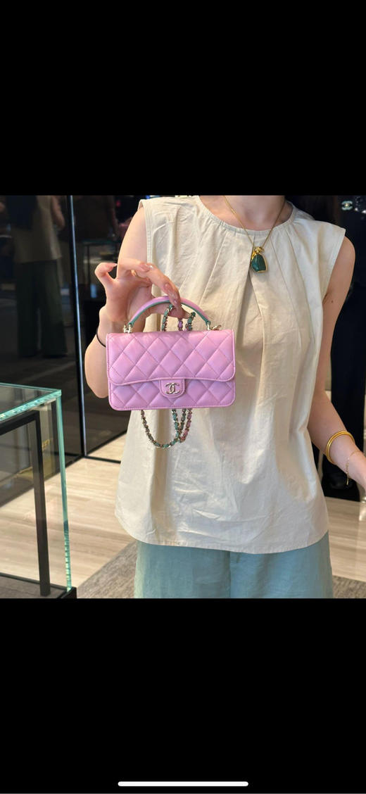 Chanel cf 23p mini 手柄 羊皮 粉拼绿 链条包 商品图4