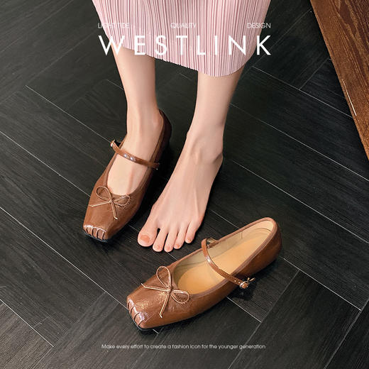 西遇方头芭蕾舞鞋女新款春夏复古法式平底鞋低跟软底银色单鞋V0056559 商品图3