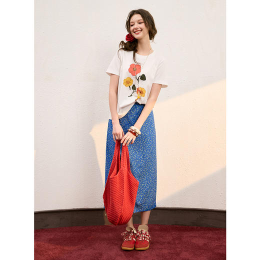 三彩2025秋季新款收腰碎花半身裙简洁修身A字裙长裙气质M 商品图2