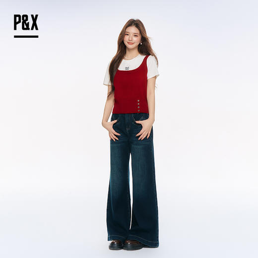 P&X设计师女装2025秋季奶茶系T恤撞色两件套上衣825315178 白/红 商品图4