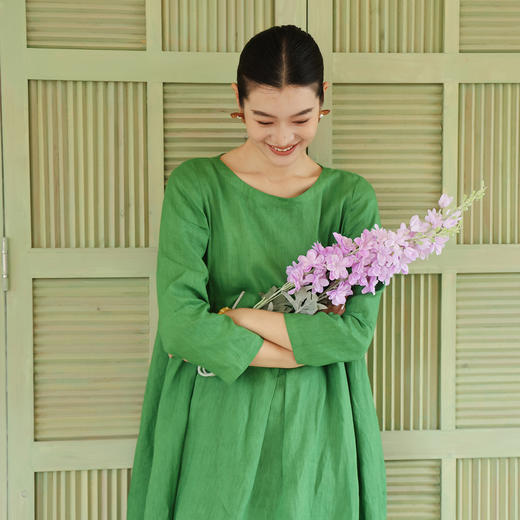 绽放407朵/多巴胺系列亚麻成衣染色圆领腰部捏褶收腰九分袖连衣裙 商品图1