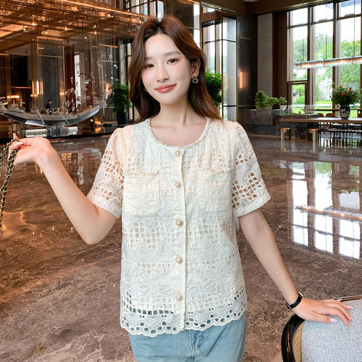 奢姿大码女装2025夏季胖妹妹圆领波西米亚织带镂空刺绣短袖上衣9952222253 商品图1