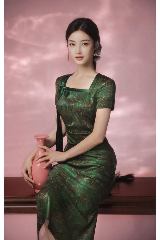 逸红颜明月优选​​「夏木·谷幽1」23姆米素绉缎香云纱，蝴蝶结小鱼尾连衣裙，复古腰果花夏日林间诗~ 商品图3