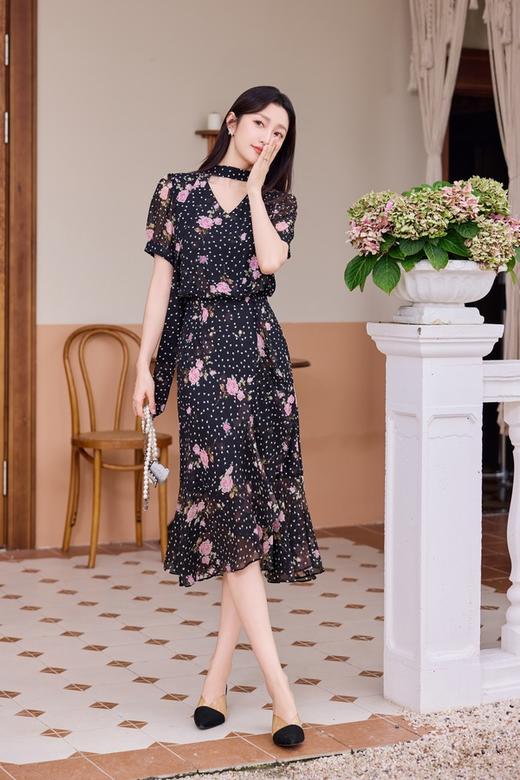 Le Malene 浪漫性感后背蕾丝拼接碎花连衣裙 20892 商品图0