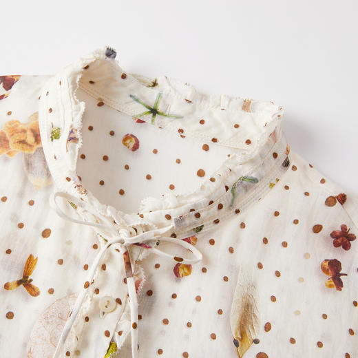 谜底衬衣长袖女2025秋新品复古通勤苎麻印花荷叶边衬衫253MC1244 商品图3