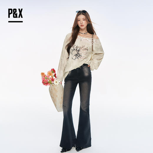 P&X设计师女装2025秋季新款露肩拼接镂空长袖T恤825302216 灰杏 商品图1