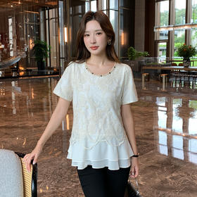 奢姿大码女装2025夏季圆领波西米亚风T恤胖妹妹假两件拼接上衣9952222319
