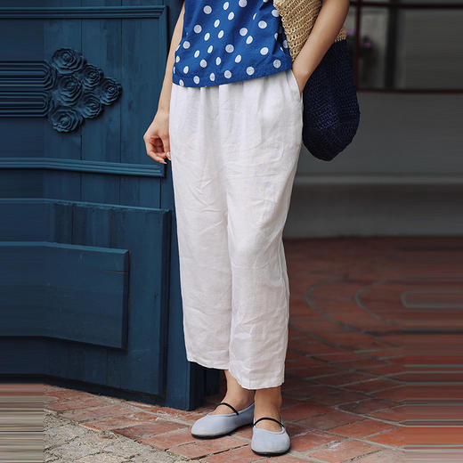 绽放404朵/【多巴胺系列·小萝卜裤】干洗亚麻松紧腰七分休闲裤女 商品图1