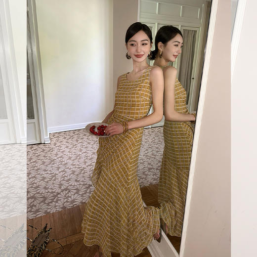 西遇无袖格纹连衣裙女夏季新款圆领收腰包臀鱼尾背心长裙SS051050 商品图2