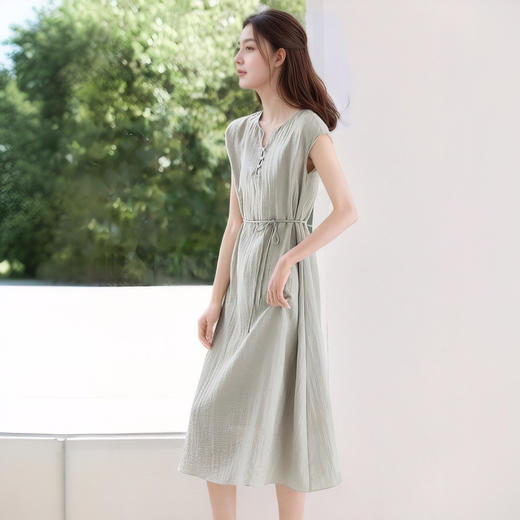 老钱风灰绿色亚麻小飞袖连衣裙 商品图3