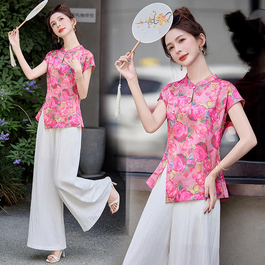 TZW-新中式国风套装女2025夏新款时尚气质印花马甲阔腿裤两件套 商品图5