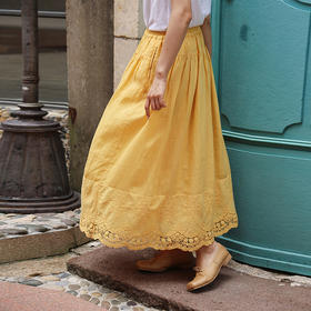 绽放女装385朵/【多巴胺系列】苎麻镂空棉花边拼接双层半身中长裙