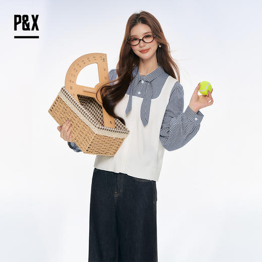 P&X设计师女装文艺风百搭宽松型假两件短款衬衫825305266 白色 商品图1