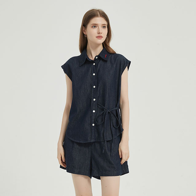 【2件9折】【Petit Bari】松弛舒适亚麻松紧牛仔短裤（水洗产品）