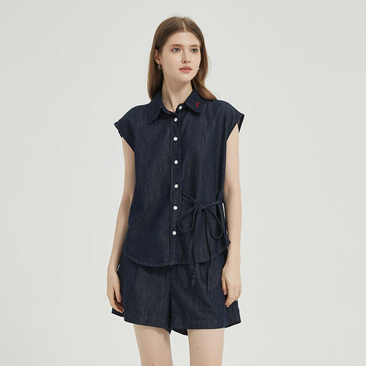 【2件9折】【Petit Bari】松弛舒适亚麻松紧牛仔短裤（水洗产品） 商品图0