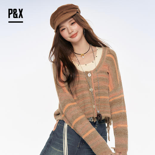 P&X设计师女装2025秋撞色针织衫复古两件套短款上衣825315166花色 商品图1