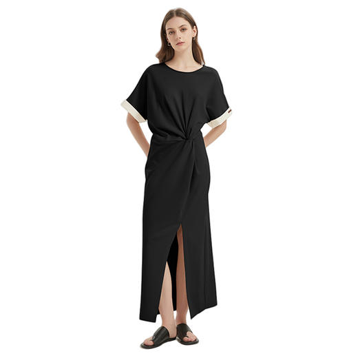 【2件9折】【Petit Bari】(多色)休闲慵懒不对称扭结开衩连衣裙 商品图1