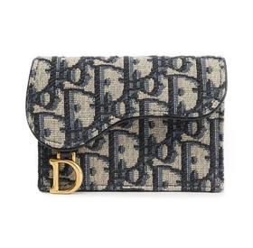 DIOR迪奥 Saddle 老花刺绣满印翻盖 织物 马鞍包卡夹卡包 女款 牛仔蓝色