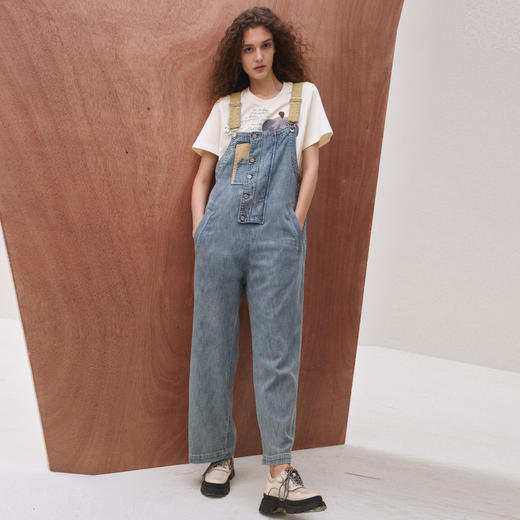 谜底背带裤长裤女2025秋新品复古风拼接绣花直筒牛仔裤253MK1204 商品图0