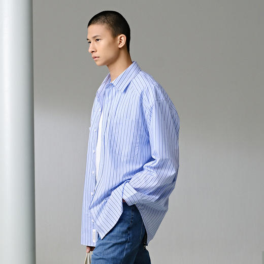 GXG男装 浅蓝色条纹长袖翻领衬衫24年夏季热卖G24X032004 商品图2
