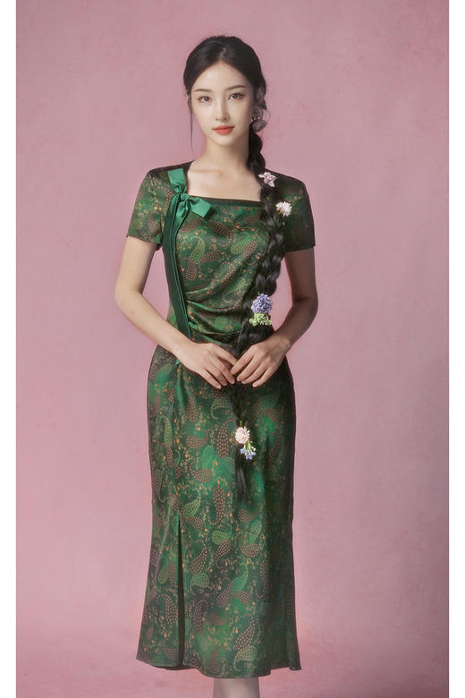 逸红颜明月优选​​「夏木·谷幽1」23姆米素绉缎香云纱，蝴蝶结小鱼尾连衣裙，复古腰果花夏日林间诗~ 商品图11