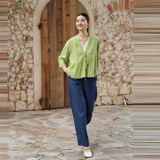 绽放女装399朵/【多巴胺系列】砂洗亚麻开襟系带七分袖短外套舒适 商品图3