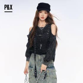 P&X设计师女装2025秋复古做旧铆钉针织长袖T恤825302210 黑色