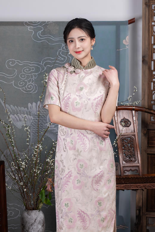 荷言HEYEN 半月春 真丝粉白色立体玫瑰花旗袍高定系列 商品图0