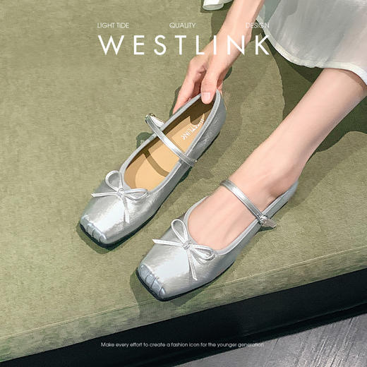西遇方头芭蕾舞鞋女新款春夏复古法式平底鞋低跟软底银色单鞋V0056559 商品图1