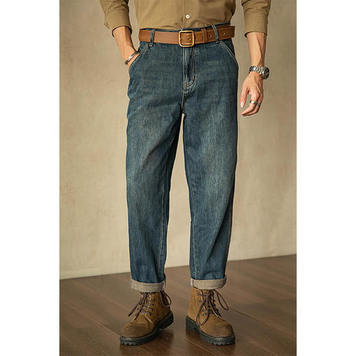 【阿美咔叽风 水洗做旧】唔刃美式复古水洗黄泥丹宁中腰宽松锥形牛仔裤（WR234PA8194） 商品图4