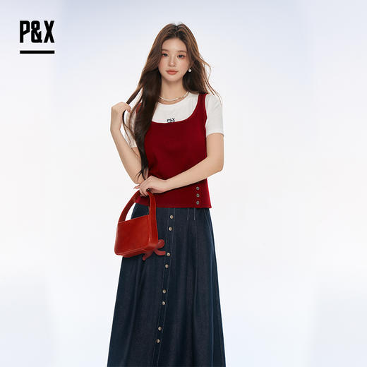 P&X设计师女装2025秋季奶茶系T恤撞色两件套上衣825315178 白/红 商品图2