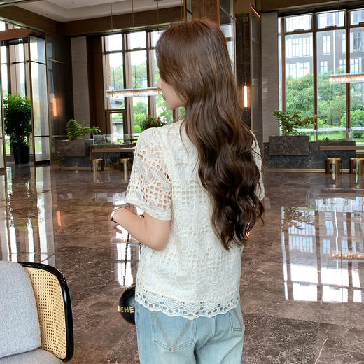奢姿大码女装2025夏季胖妹妹圆领波西米亚织带镂空刺绣短袖上衣9952222253 商品图3