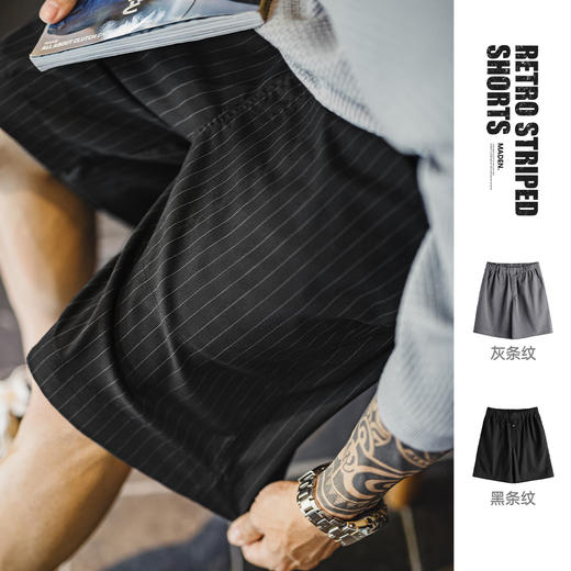 马登工装日系竖条纹灰色西装短裤cityboy松紧腰直筒五分裤男夏季 商品图0