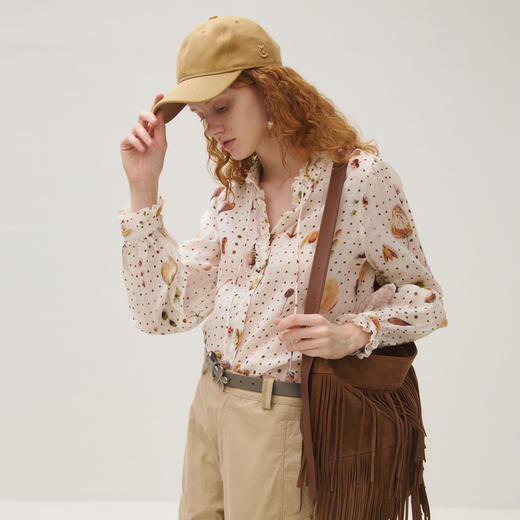 谜底衬衣长袖女2025秋新品复古通勤苎麻印花荷叶边衬衫253MC1244 商品图2