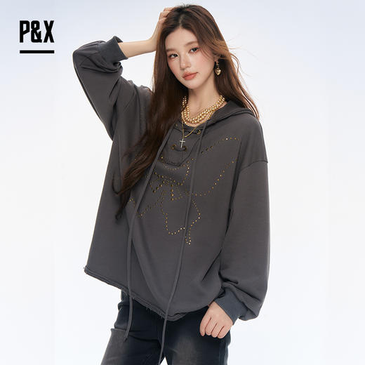 P&X设计师女装2025秋新款街头休闲纯色中长款卫衣825317144 灰色 商品图3