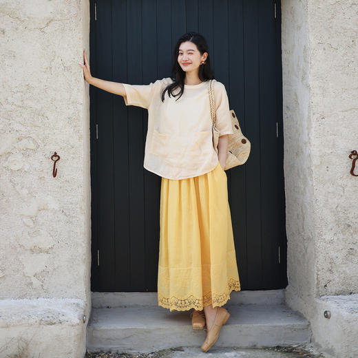 绽放旅行女装384朵/【多巴胺系列】砂洗苎麻圆领落肩短袖口袋T恤 商品图2