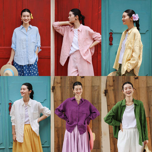 绽放女装387朵/【多巴胺系列】干洗亚麻小翻领贴袋长袖衬衫女百搭 商品图0