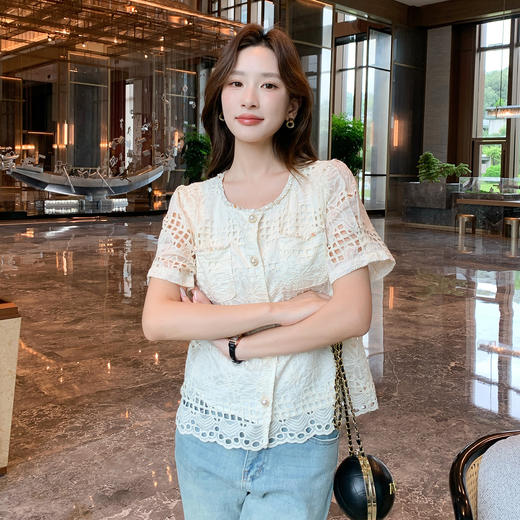 奢姿大码女装2025夏季胖妹妹圆领波西米亚织带镂空刺绣短袖上衣9952222253 商品图0