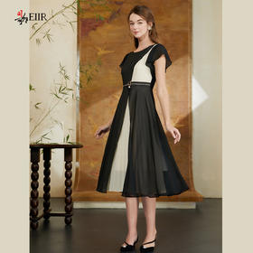 司歌雪纺拼接黑白不规则连衣裙短袖A911147X