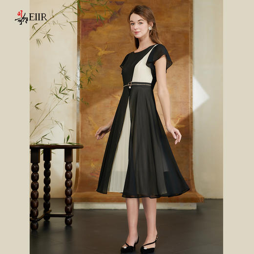 司歌雪纺拼接黑白不规则连衣裙短袖A911147X 商品图0