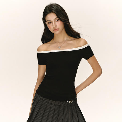 Ariseism 美式复古设计感一字肩短袖t恤女夏季新款修身上衣 商品图1