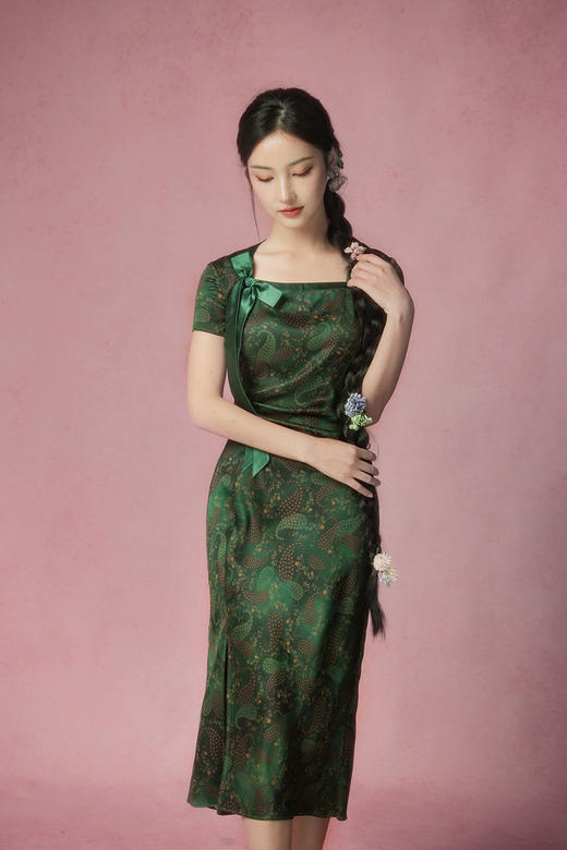 逸红颜明月优选​​「夏木·谷幽1」23姆米素绉缎香云纱，蝴蝶结小鱼尾连衣裙，复古腰果花夏日林间诗~ 商品图12